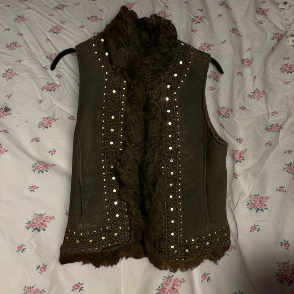 Brown Faux Fur Trim Embellished Vest